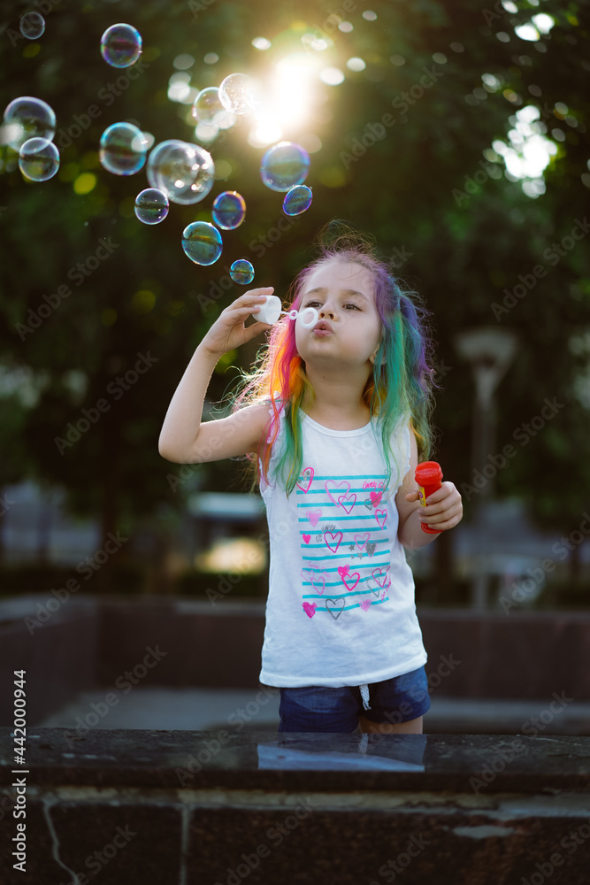 adorable, beautiful, birthday, blow, blue, bright, bubble, caucasian, celebration, cheerful, child, childhood, city, color, cute, enthusiastic, face, fashion, fun, girl, green, happiness, happy, holid