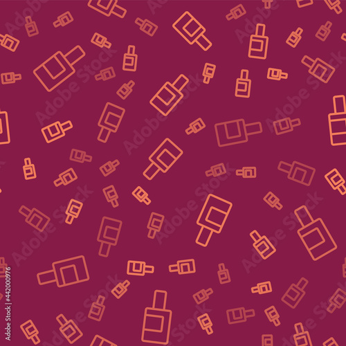 Brown line Plastic bottle for laundry detergent, bleach, dishwashing liquid or another cleaning agent icon isolated seamless pattern on red background. Vector