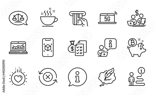 Business icons set. Included icon as Augmented reality, Coffee cup, Justice scales signs. Credit card, Web analytics, 5g notebook symbols. Copyright chat, Bitcoin coin, Budget accounting. Vector