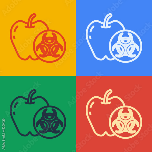 Pop art line Genetically modified apple icon isolated on color background. GMO fruit. Vector
