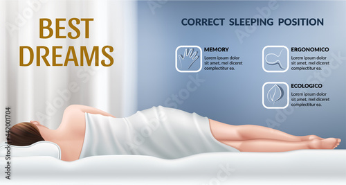 Advertising poster with orthopedic mattress. Correct position for sleep, good dreams. Pillow with memory effect. Realistic 3d vector illustration.