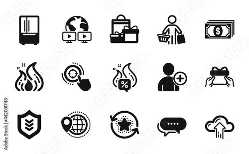 Vector set of Seo target, Buyer and Fire energy icons simple set. Hot offer, Add user and Video conference icons. Dots message, Loyalty points and Refrigerator signs. Vector