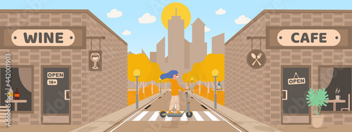 People ride electric scooters on city streets, cafes and liquor stores, perspective