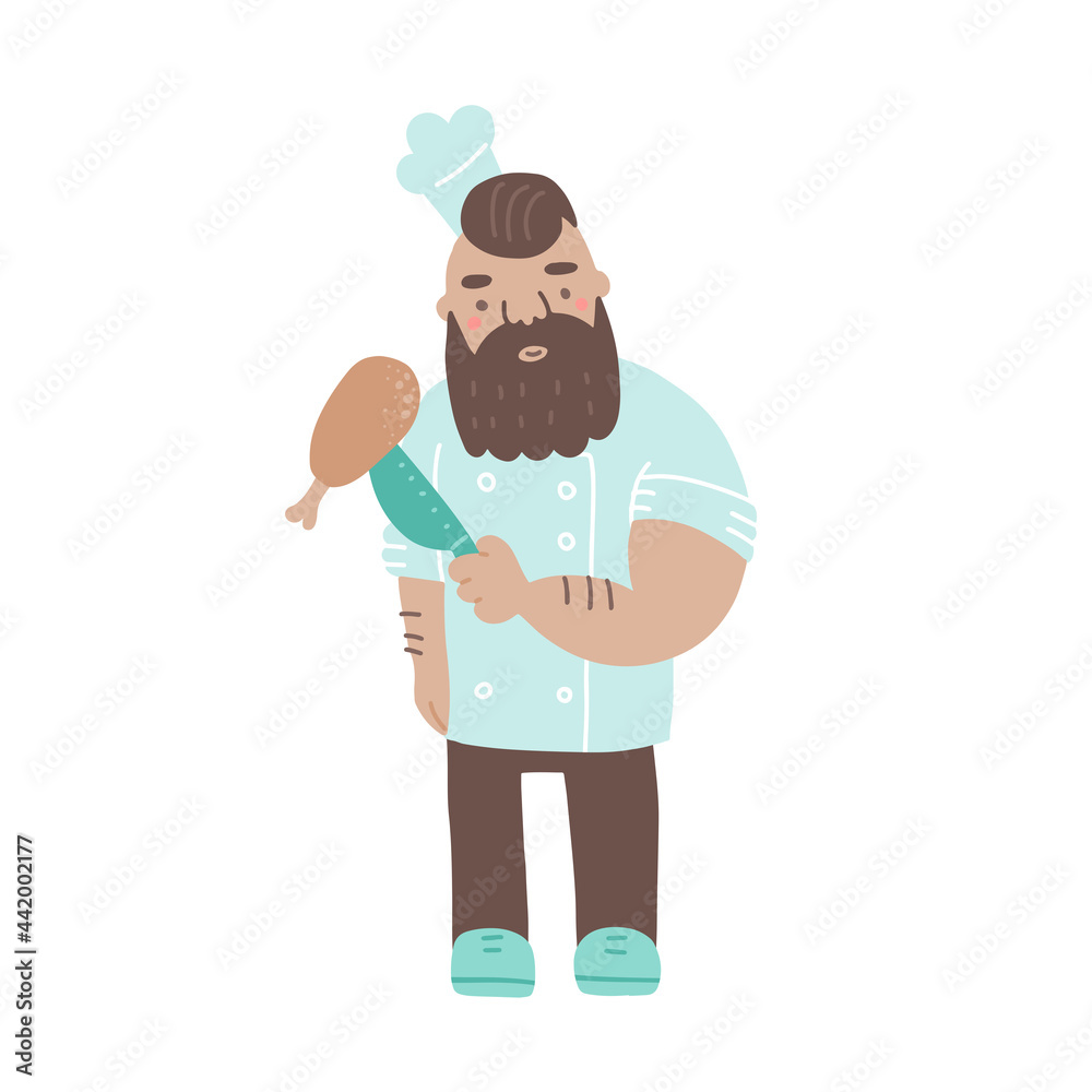 Chef holding a knife and a chicken leg. Cool male cook character with beard. Flat vector illustration isolated in white.