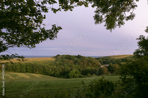 The view from Trewince down to the sea near Towan Beach, Roseland Peninsula, Cornwall, UK, at dusk