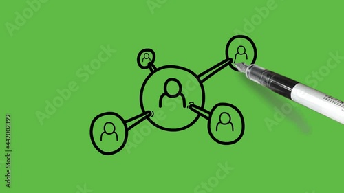 Drawing set of group meeting in black and blue color combination on abstract green screen background