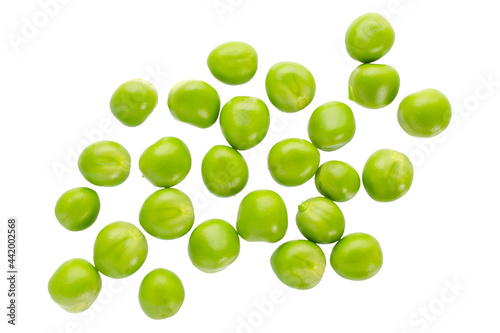 Fresh green peas isolated on white background, top view. Fresh pea seeds, isolated, top view. Pile of green freshly harvested peas isolated on white background. Fresh peas on a white, top view.