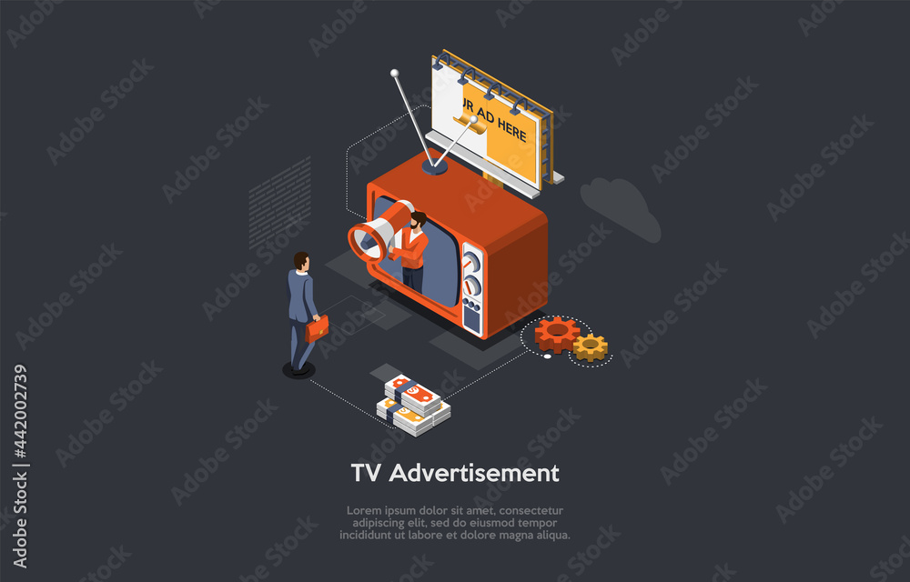 Cartoon Style 3D Illustration On Dark Background With Objects And Characters. Conceptual Isometric Vector Design. Televison Product Advertisement, Traditional Means Of Commercial And Goods Placement.