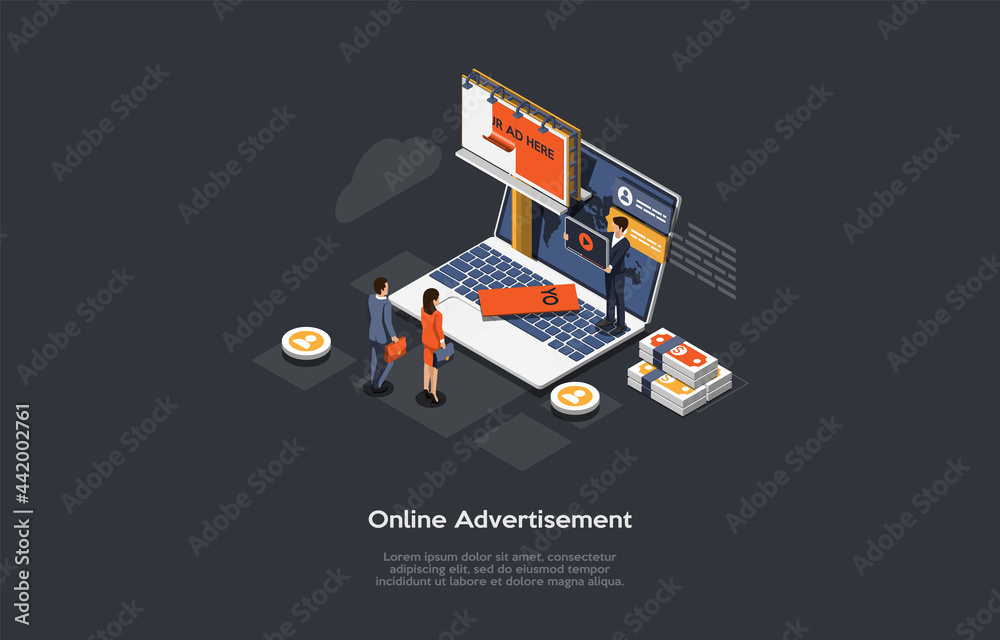 Cartoon Style 3D Illustration On Dark Background With Objects And Characters. Conceptual Isometric Vector Design. Internet Online Advertisoment On Website Or Mobile Application. Effective Promotion.