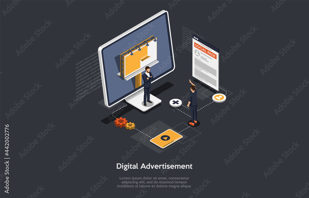 Cartoon Style 3D Illustration On Dark Background With Objects And Characters. Conceptual Isometric Vector Design. Digital Advertisement, Online Product Placement, Tech Internet Promotion Strategy.