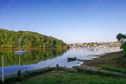 Porth Creek  with the Percuil River and St. Mawes beyond  from Trewince Quay  Roseland Peninsula  Cornwall  UK