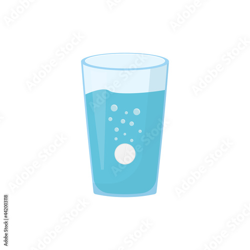 Effervescent pill dissolve in a glass of water. Flat vector illustration of fizzy tablet.