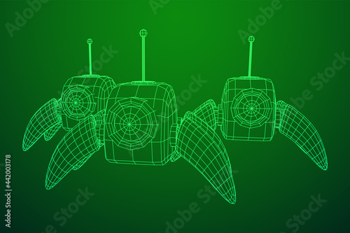 Spider robot with radar antenna. Nanobot, nanotechnology medical concept. Wireframe low poly mesh vector illustration