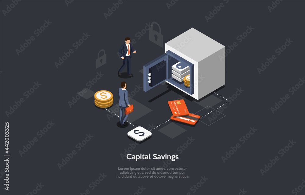 Vector Composition. Cartoon 3D Style Design With Infographics. Conceptual Isometric Illustration. Capital Savings, Successful Business Investment, Businesspeople. Economic Management, Efficient Work.