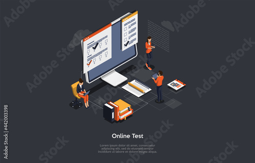 Vector Illustration On Online Test Concept. Isometric Composition, Cartoon 3D Style With Text, Characters And Objects. Internet Remote Examination And Education Process. Modern Study Technology Mean.