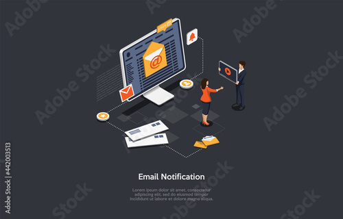 Vector Composition. Cartoon 3D Style Design With Infographics. Conceptual Isometric Illustration. Email Notification On Computer, Internet Communication. Online Mail Advertisement. Two Characters.