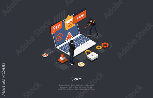 Vector Composition. Cartoon 3D Design With Infographics. Conceptual Isometric Illustration. Spam Notifications, Unwanted Or Virus Newsletter. Dangerous Cyberspace, Thieves Cracking Laptop System