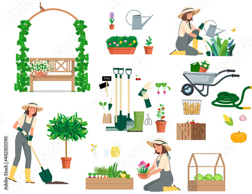 Set of isolated objects girl gardener.