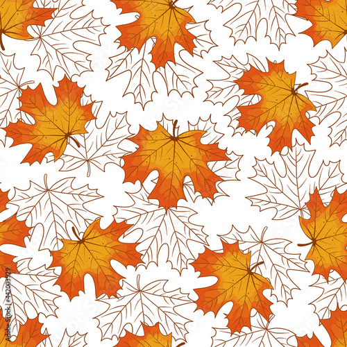 Autumn Leaves cartoon and outline seamless pattern. Colorful falling Maple Tree Leaves. Fall season vector background, template for invitations, greeting card, wrapping paper, textile, fabric