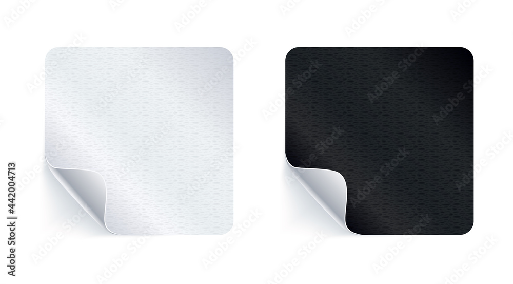 Adhesive stickers. Realistic empty sticky labels or price tags set with shadow. Blank square mock up with curved corner. Black and white Adhesive stickers. Realistic empty sticky labels or price tags set with shadow. Blank square mock up with curved corner. Black and white