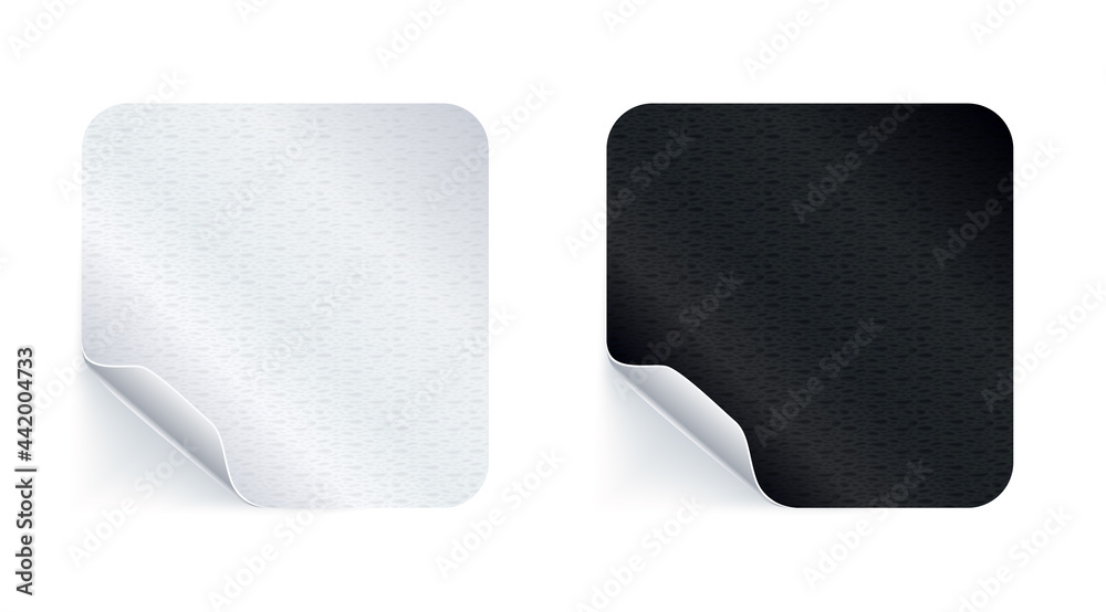 Adhesive stickers. Realistic empty sticky labels or price tags set with shadow. Blank square mock up with curved corner. Black and white Adhesive stickers. Realistic empty sticky labels or price tags set with shadow. Blank square mock up with curved corner. Black and white