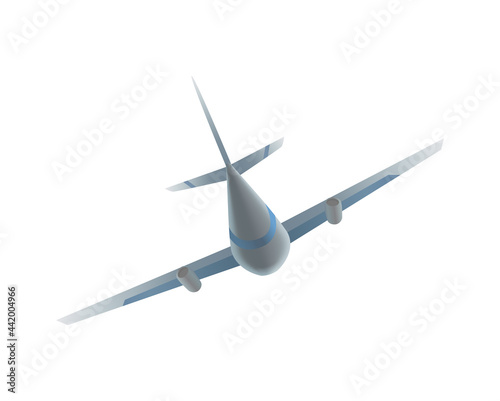Flying airplane or airliner. Aircraft transport. Passenger flight jet airplane, aviation vehicle. Civil aircraft journey and aviation symbol. Wing flight transport
