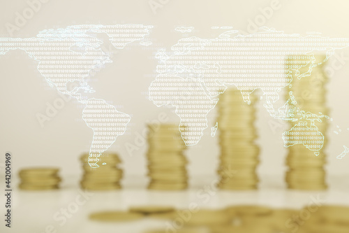 Abstract creative world map interface on stacks of coins background, international trading concept. Multiexposure