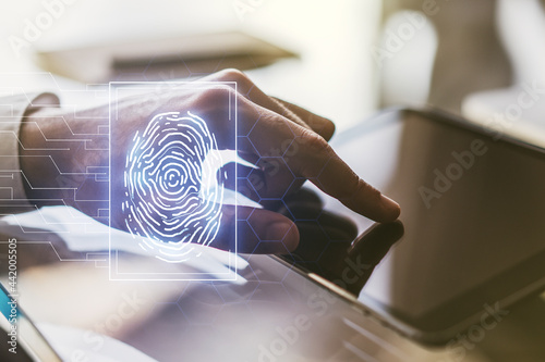 Abstract creative fingerprint illustration with finger clicks on a digital tablet on background, personal biometric data concept. Multiexposure © Pixels Hunter