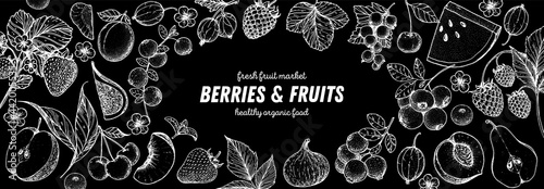 Berries and fruits drawing collection. Hand drawn berry sketch. Vector illustration. Set of various fruits and berries