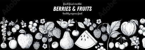 Berries and fruits drawing collection. Sketch style. Hand drawn vector illustration. Food design template with berry and fruit for packaging and more. Organic healthy food.