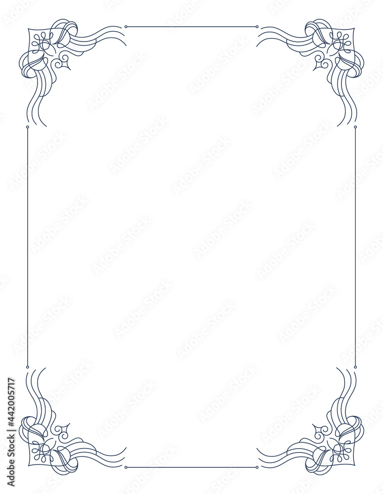 Decorative frame with swirls corners. Elegance border design. Linear contour for wedding or greeting banner. Isolated illustration