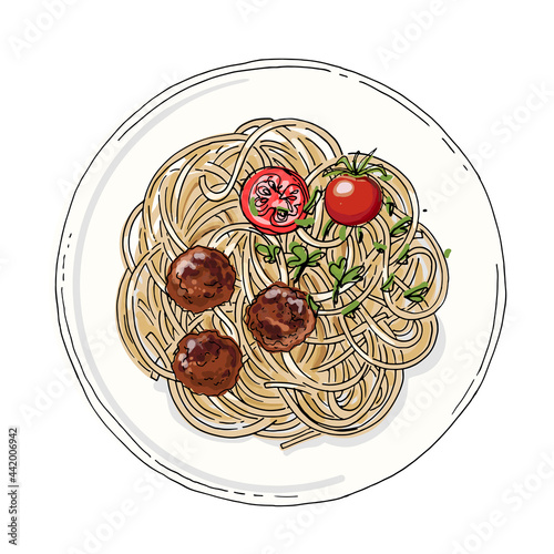 Spaghetti. Pastavector sketch on a white background. Ink sketch of food. Italian food.
