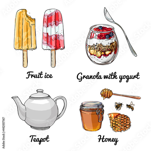 Vector food icons. Colored sketch of food products. Popsicles, ice cream, teapot, honey, yoghurt and granola