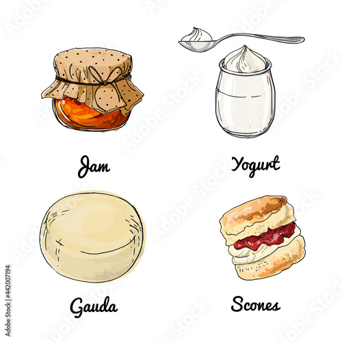 Vector food icons. Colored sketch of food products. Jam, yogurt, cheese gauda, scones