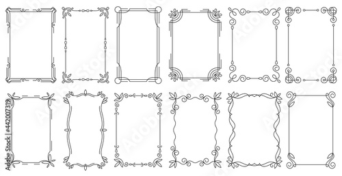 Decorative frames. Vintage calligraphic antique borders. Ornate calligraph rectangle frames, wedding elegant ornamental borders and filigree floral ornaments for framed certificate template photo