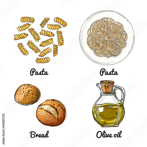 Vector food icons. Colored sketch of food products. Pasta, bread, olive oil.