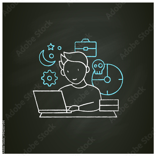 Workaholic chalk icon. Working long hours. Work from morning to night. Overworking concept. Isolated vector illustration on chalkboard