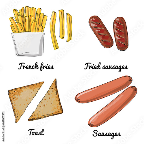 Vector food icons. Colored sketch of food products. Sausages, French fries, toast
