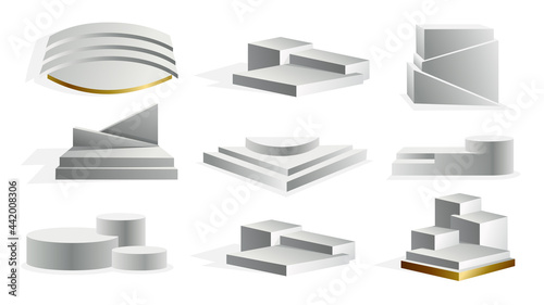 Collection of podium realistic. Showroom pedestals floor stage platforms isolated mockup. 3D realistic empty podiums with steps. Concept of showcase for product, promotion sale or presentation