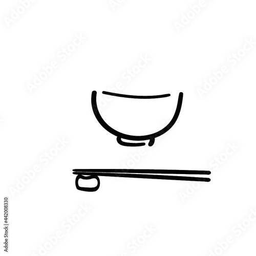 Japanese goods illustration. Hand drawn sketch. Japanese culture. Vector illustration of Japanese rice bowl and chopsticks icon. Graphic design elements. Isolated objects. 