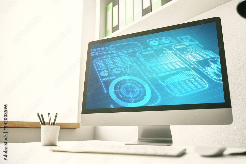 Abstract creative stats data concept on modern laptop screen. 3D Rendering Abstract creative stats data concept on modern laptop screen. 3D Rendering