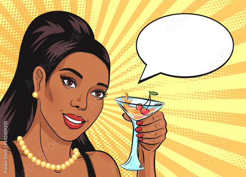 Fancy African American woman with drink and speech bubble. Black woman holding cocktail vector illustration in pop art retro comic style