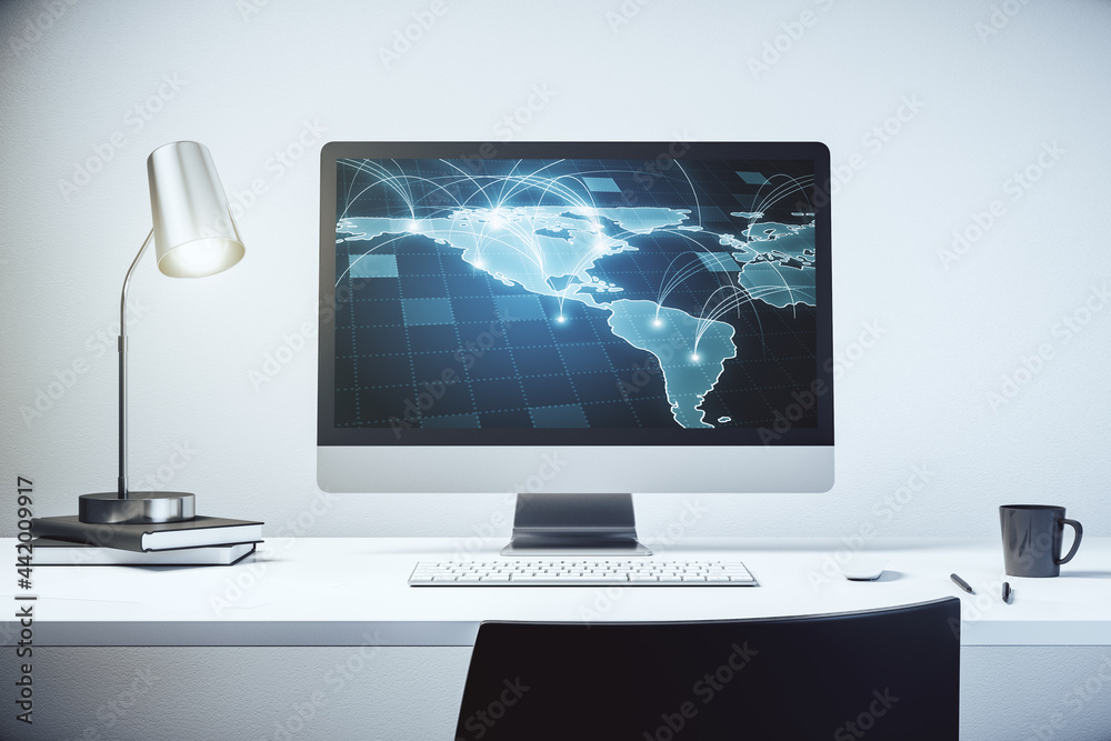 Abstract digital world map with connections on modern computer monitor, big data and blockchain concept. 3D Rendering Abstract digital world map with connections on modern computer monitor, big data and blockchain concept. 3D Rendering