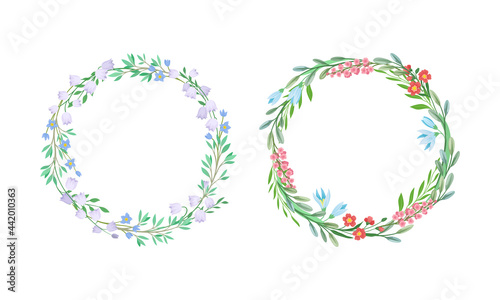 Floral Wreath with Leafy Tree Branch and Blooming Summer Flowers Vector Set
