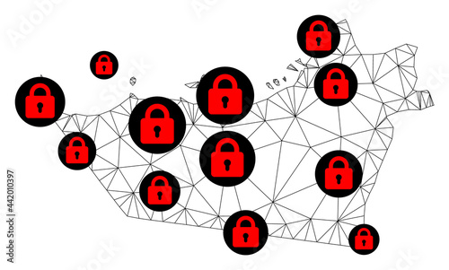Polygonal mesh lockdown map of Abu Dhabi Emirate. Abstract mesh lines and locks form map of Abu Dhabi Emirate. Vector wire frame 2D polygonal line network in black color with red locks.
