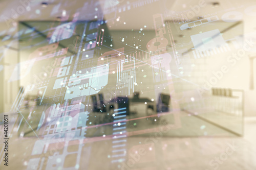 Wallpaper Mural Double exposure of abstract creative programming illustration on a modern furnished office interior background, big data and blockchain concept Torontodigital.ca