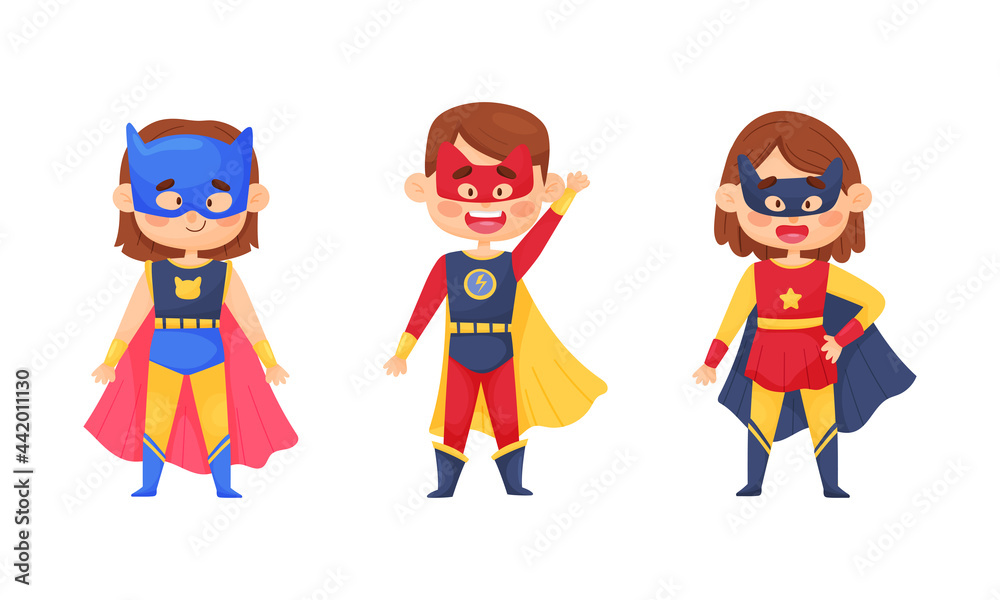 Smiling Boy and Girl Character in Superhero Costume and Cloak Standing Ready to Save the World Vector Illustrations Set