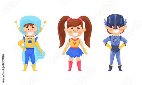 Smiling Boy and Girl Character in Superhero Costume and Cloak Standing Ready to Save the World Vector Illustrations Set
