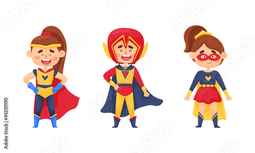 Smiling Boy and Girl Character in Superhero Costume and Cloak Standing Ready to Save the World Vector Illustrations Set