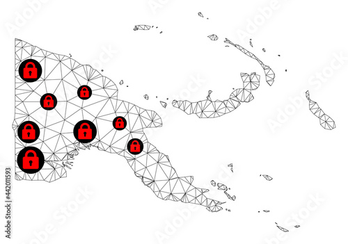 Polygonal mesh lockdown map of Papua New Guinea. Abstract mesh lines and locks form map of Papua New Guinea. Vector wire frame 2D polygonal line network in black color with red locks.